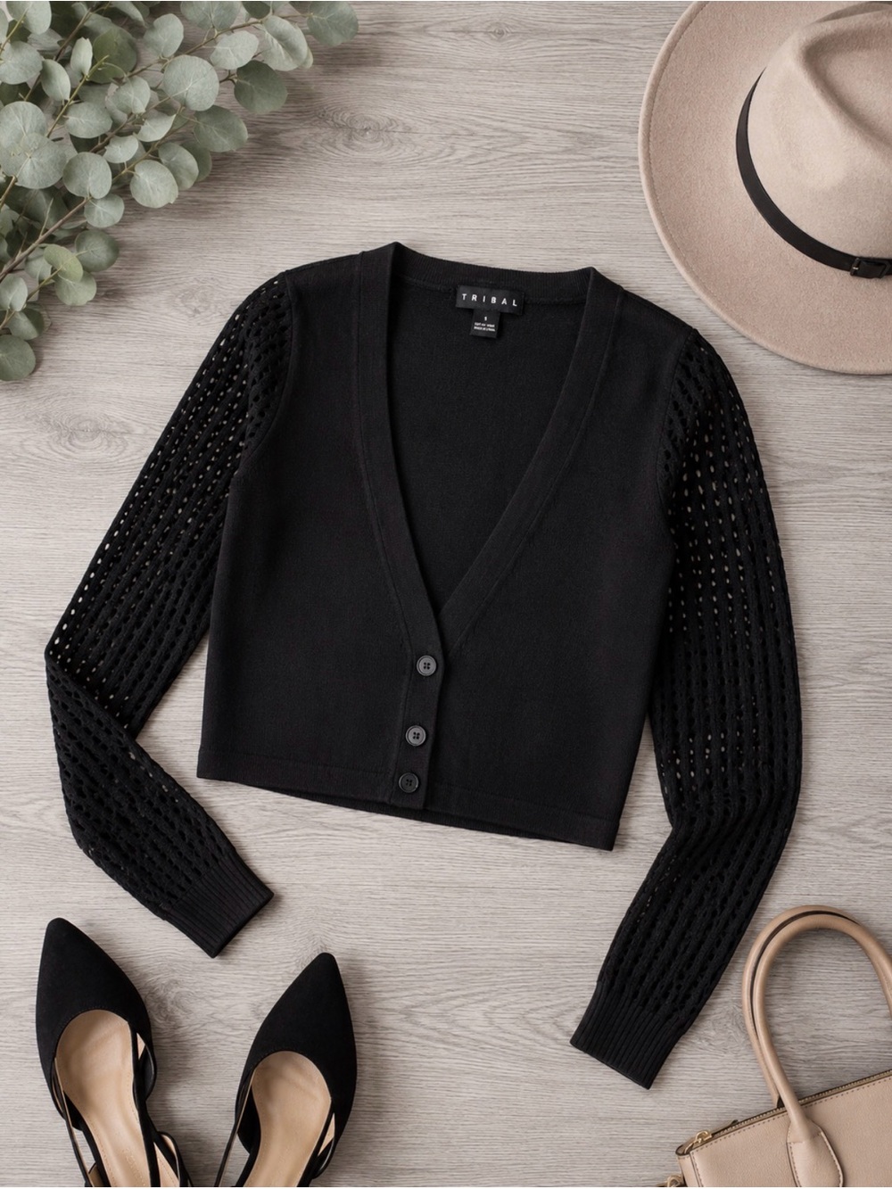 Black Knit Sleeve Cardigan Sweater | 3-Button V-Neck Lightweight | Size: Small